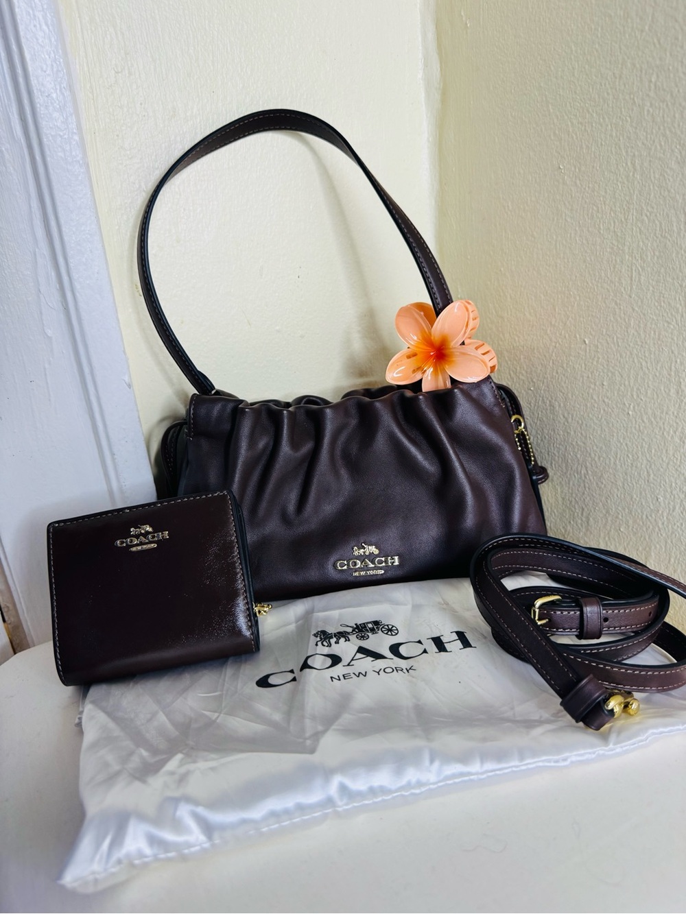 Coach Faye maple Dark Brown Leather Shoulder Bag with matching wallet